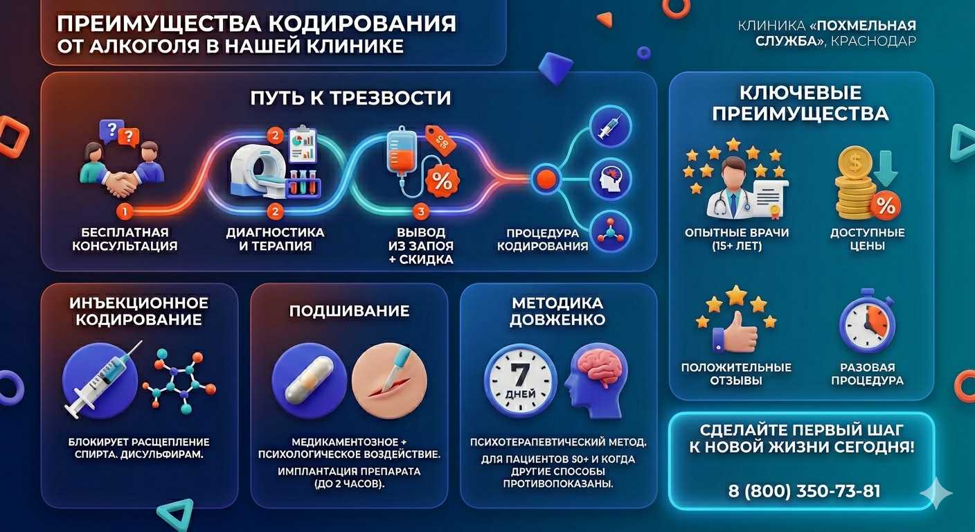 Инфографика о методах кодирования от алкоголя в городе Сергач: инъекции, подшивание, метод Довженко. Преимущества клиники и этапы лечения.